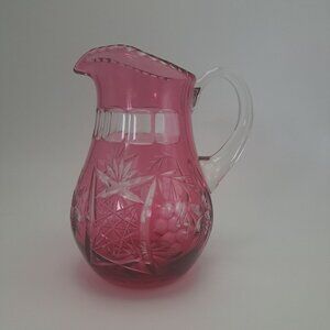 Czech Bohemian Lead Crystal Cranberry Cut to Clear Pitcher Jug With Clear Handle